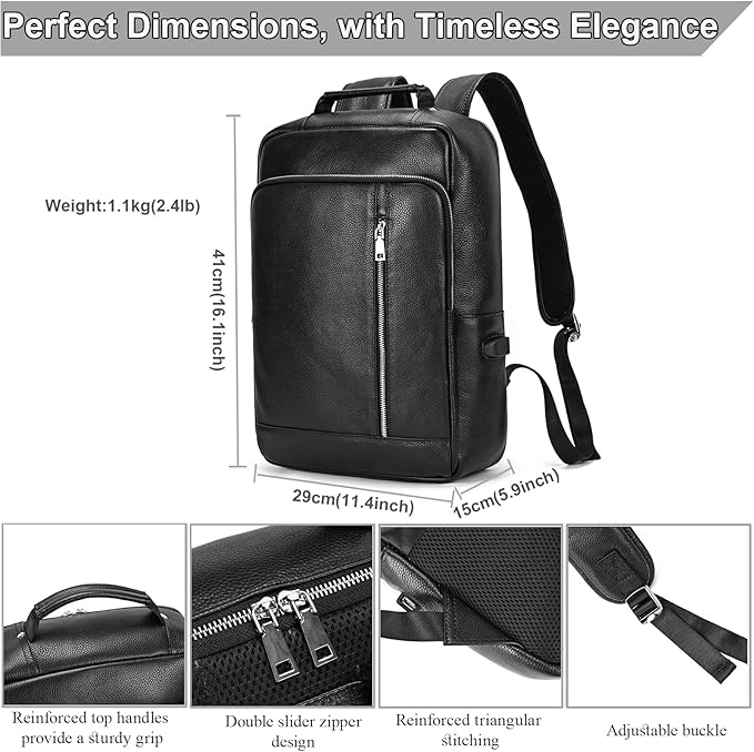 Genuine Leather 15.6 Inch Laptop Backpack for Men, Multi Pocket Slim Daypack Shoulder Bag with Trolley Sleeve for Business Travel (Black)