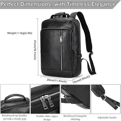 Genuine Leather 15.6 Inch Laptop Backpack for Men, Multi Pocket Slim Daypack Shoulder Bag with Trolley Sleeve for Business Travel (Black)