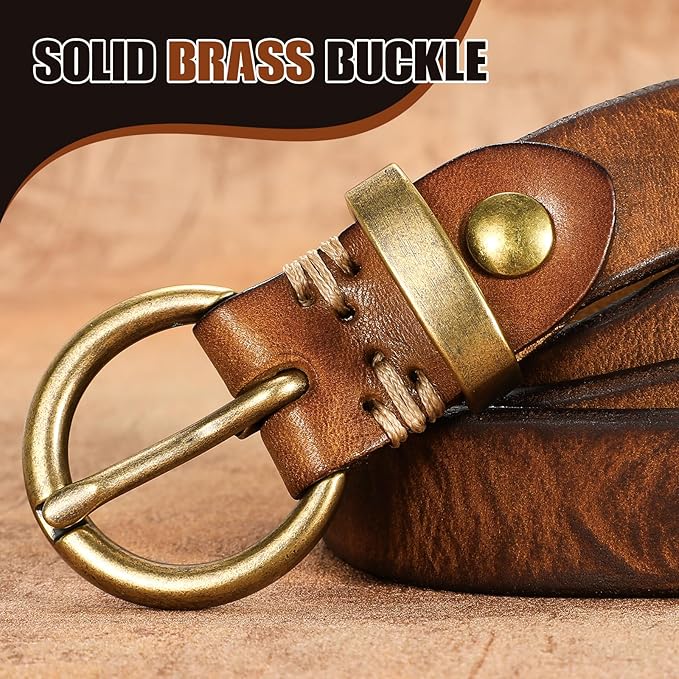 SANSTHS Womens Genuine Leather Belts for Jeans Pants Trendy Vintage Thin Leather Belt Gold Buckle Ladies Skinny Waist Belt