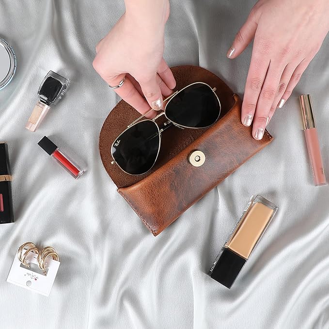 Leather Sunglasses Case Genuine Eyeglass Holder Reading Glasses Protector Vintage Eyewear Storage for Men and Women