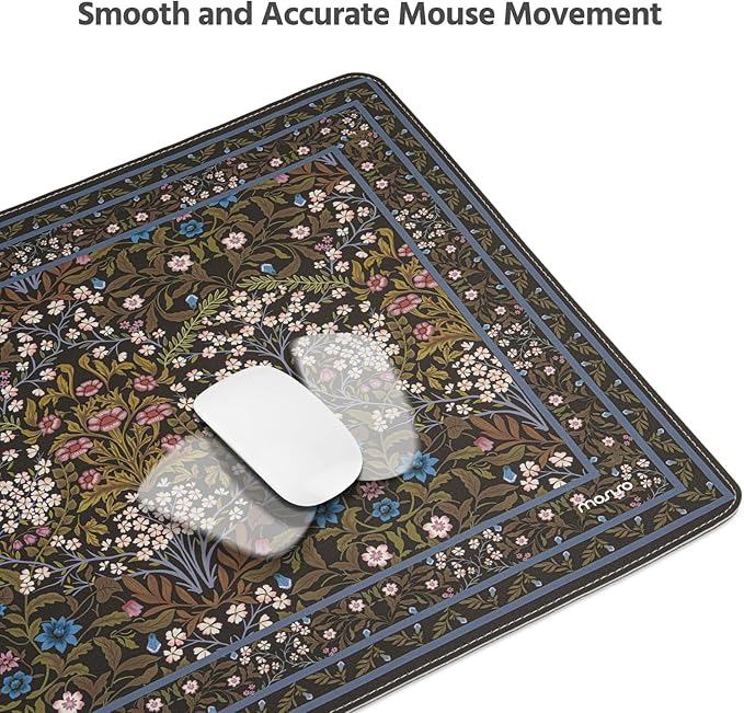MOSISO Large Mouse Pad Gaming Mousepad, 35.43 x 15.74 inches Vintage Floral Cluster PU Leather Mousepad with Anti-Slip Base&Stitched Edges, Keyboard Pad Mouse Mat for Desktop/Office/Home, Black
