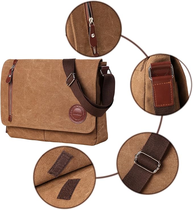 Mactso Vintage Canvas Messenger Bag for Men Women, 13.5 Inch Laptop Satchel Shoulder Bag with Multiple Pockets, Crossbody Bag for Work Travel College (Coffee-01)