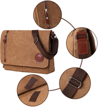 Mactso Vintage Canvas Messenger Bag for Men Women, 13.5 Inch Laptop Satchel Shoulder Bag with Multiple Pockets, Crossbody Bag for Work Travel College (Coffee-01)