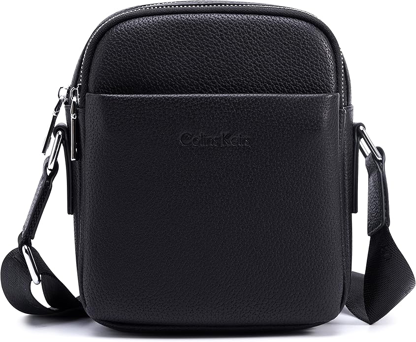 Colins Keirs Leather Crossbody Bag for Men, Shoulder Bag for Men, Man Purse with Zipper and Adjustable Shoulder Strap, Black Small