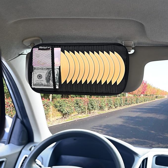 alavisxf xx Car CD Holder, DVD Vehicle Visor Storage Organizer, Large Capacity CD Visor Case with 12 Sleeves, 1 Mesh Pocket, 1 Pen Holder, 1 Back Inner Pocket (Black)