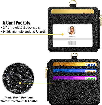 ID Badge Holder with Lanyard, Horizontal PU Leather ID Badge Card Holder with 1 Clear ID Window, 4 Credit Card Slots and a Detachable Neck Lanyard (Horizontal - Black)