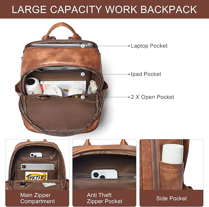 Travel Backpack for Women and Men, Fits 17.0" Laptop, Stylish Lay-Flat Carry-on Vegan Leather Backpack with Luggage Strap for Travel and Daily Use