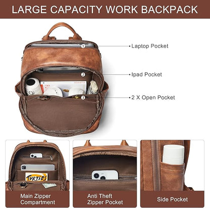 Travel Backpack for Women and Men, Fits 17.0" Laptop, Stylish Lay-Flat Carry-on Vegan Leather Backpack with Luggage Strap for Travel and Daily Use