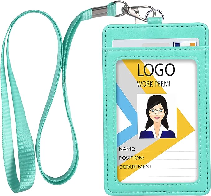 Teskyer Badge Holder with Lanyard, Leather ID Name Badge Card Holder with Lanyard for ID Badges, Vertical Green