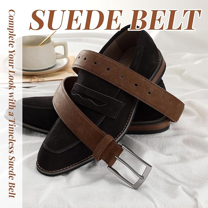 XZQTIVE Mens Suede Belt - 1 3/8" Genuine Leather Dress Belt for Jeans Dress Handmade Classic Every Day Belt
