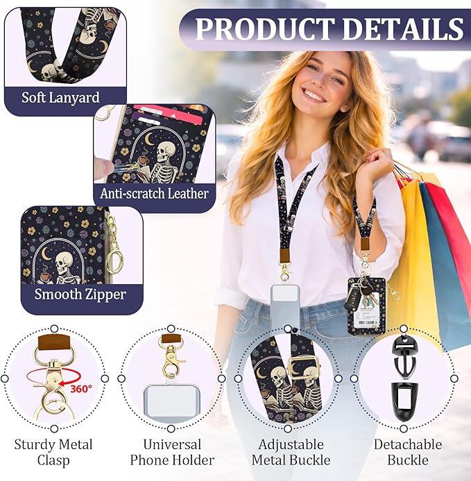 Gothic Lanyard Wallet for Id Badges, Funny Skull Card Holder with Neck Lanyard Wristlet, RFID PU Leather ID Case with Adjustable Lanyard Keychain for Women Teacher Student Nurse Work Office