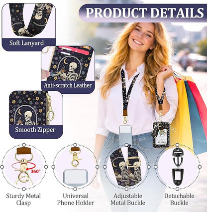 Gothic Lanyard Wallet for Id Badges, Funny Skull Card Holder with Neck Lanyard Wristlet, RFID PU Leather ID Case with Adjustable Lanyard Keychain for Women Teacher Student Nurse Work Office