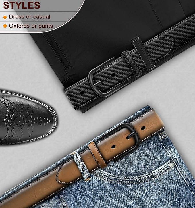 BULLIANT Men Belt 2Pack-Leather Belt 7Holes Comfortable For Men's Dress Casual Jeans 1 3/8"