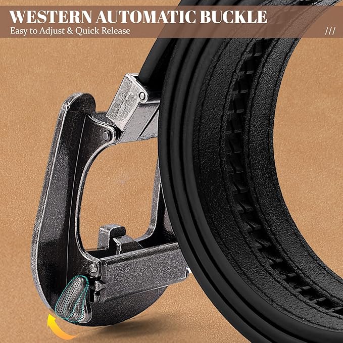 SANSTHS Western Cowboy Ratchet Belts for Men Women Leather Cowboy Belt with Automatic Western Buckle for Jeans Gifts
