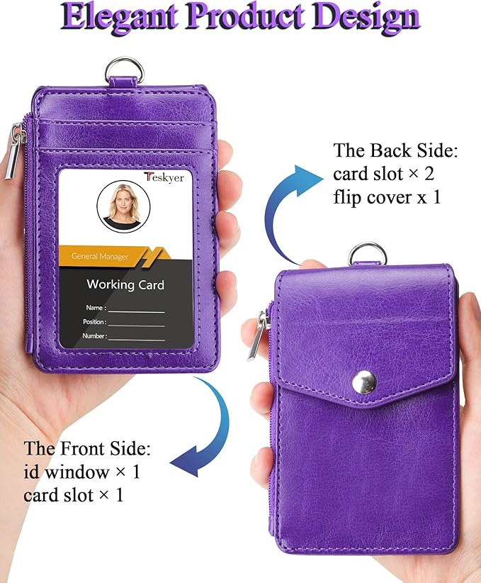 Teskyer Badge Holder with Side Zip Pocket, Multiple Card Slots Leather ID Holder Wallet with Neck Lanyard for Office Staffs, Teachers/Students, Couriers, Workers, Purple