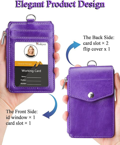 Teskyer Badge Holder with Side Zip Pocket, Multiple Card Slots Leather ID Holder Wallet with Neck Lanyard for Office Staffs, Teachers/Students, Couriers, Workers, Purple