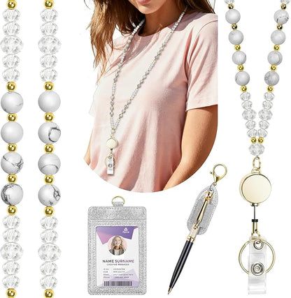 Azrra Lanyards for ID Badges and Keys, Natural Stone Beaded Teacher Lanyard with Bling ID Badge Holder and Pen Holder, Cute Retractable Badge Lanyard for Women (Silver)