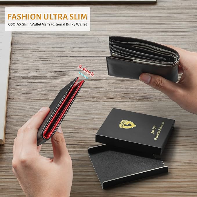 GSOIAX Slim Leather RFID Bifold Wallet for Men Minimalist Front Pocket Wallet with Money Clip,12 Card Slots,ID Window,Cool Groove Design,Includes Gift Box (Leather Black Red)