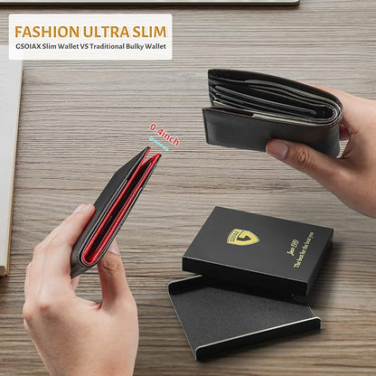 GSOIAX Slim Leather RFID Bifold Wallet for Men Minimalist Front Pocket Wallet with Money Clip,12 Card Slots,ID Window,Cool Groove Design,Includes Gift Box (Leather Black Red)
