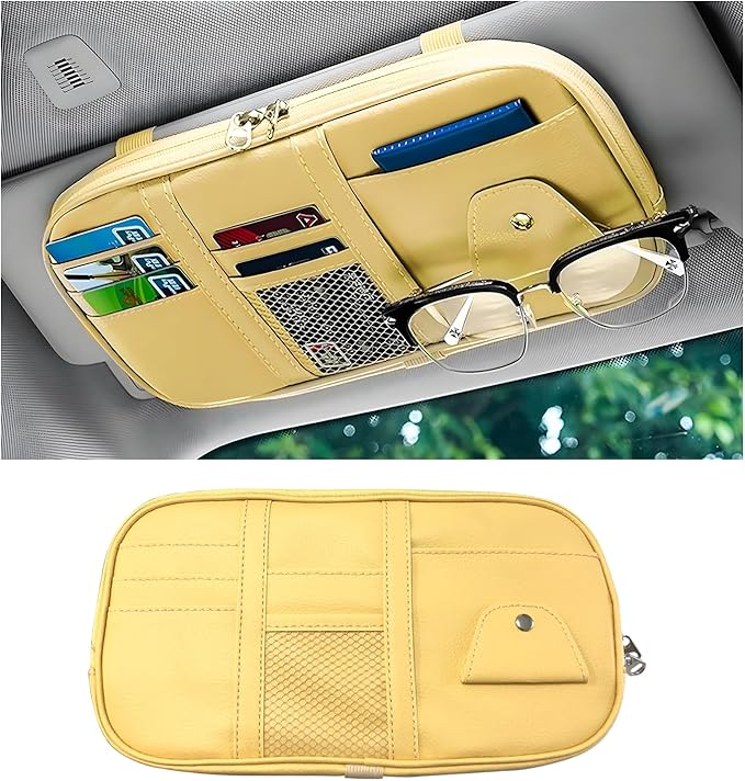 Car Sun Visor Organizer, Leather Multi-Pocket Visor Organizer Pouch with Double Zippers Net, Sunglass Holder Storage Pocket for License Pen Key Card Registration Document (Beige)