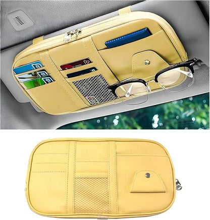 Car Sun Visor Organizer, Leather Multi-Pocket Visor Organizer Pouch with Double Zippers Net, Sunglass Holder Storage Pocket for License Pen Key Card Registration Document (Beige)