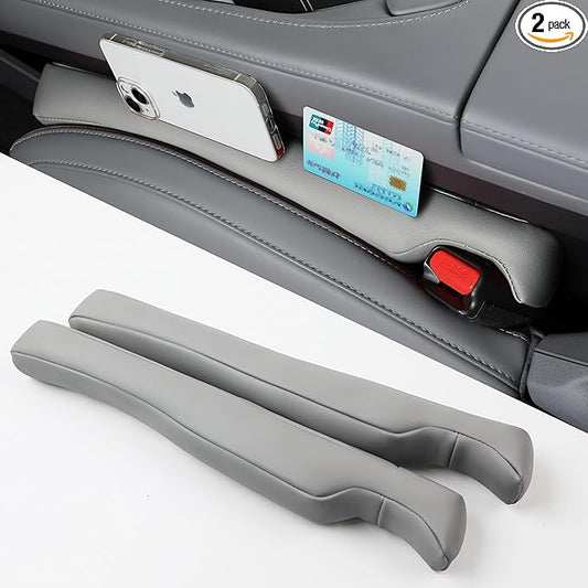 Car Seat Gap Filler - 2 Pack Premium Leather Console Blockers for Cars, Trucks & SUVs - Adjustable 1.4-2.4 Inch Width - Prevents Items Falling Between Seats (Grey)
