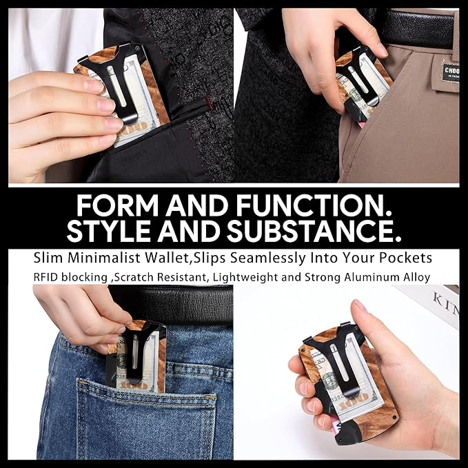 Slim Wallet for Men,RFID Blocking Minimalist Metal Wallet, Money Clip/Cash Holder, Front Pocket Aluminum Credit Card Holder, Ideal Gift for Men,Resin Black-Wood