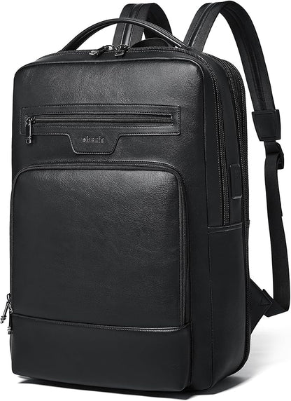Shrrie Leather Laptop Backpack for Women and Men,28 L Travel Backpack Computer Bag Fits 16 inch Laptop,Expandable Casual Daypack with USB Charging Port for Work Business Weekender College,Black