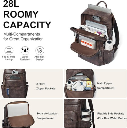 Shrrie Vegan Leather Laptop Backpack for Women,17 Inch Computer Backpack Purse for Work Business College Travel Teacher Nurse with Anti-theft Pocket & Giant Tumbler Holder Pocket,Chocolate
