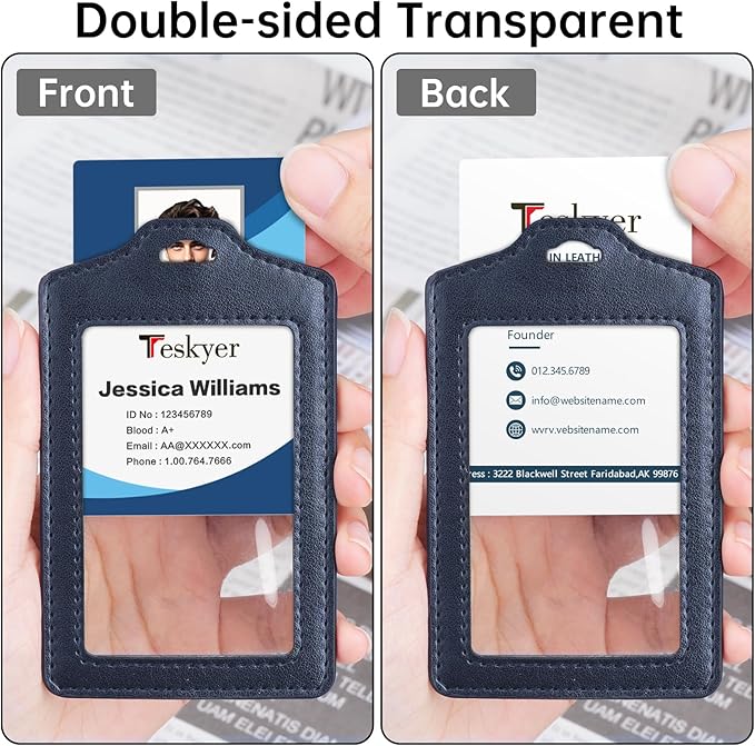 Teskyer 2 Pack Double Sided Clear Badge Holder with Lanyard, PU Leather ID Badge Name Card Holder with Stainless Steel J-Hook Nylon Lanyard for Work, School, Metro, Access, Blue
