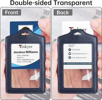 Teskyer 2 Pack Double Sided Clear Badge Holder with Lanyard, PU Leather ID Badge Name Card Holder with Stainless Steel J-Hook Nylon Lanyard for Work, School, Metro, Access, Blue