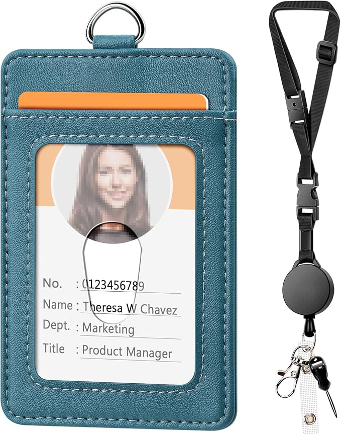 Leather Badge Holder and Adjustable Retractable Lanyards, Quick Release Buckle and Safety Breakaway Lanyards with Swivel Metal Clasp for Offices, Staff, Students, Employees