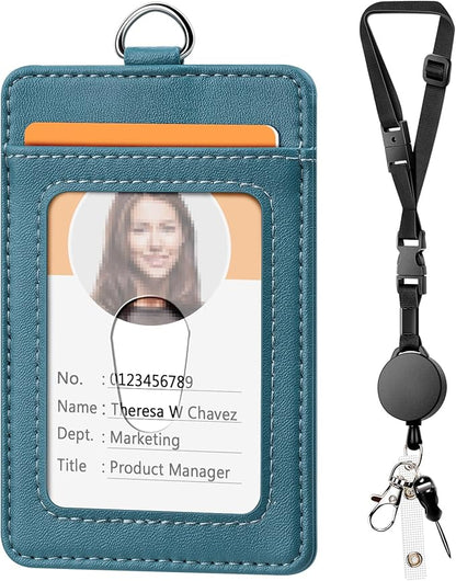 Leather Badge Holder and Adjustable Retractable Lanyards, Quick Release Buckle and Safety Breakaway Lanyards with Swivel Metal Clasp for Offices, Staff, Students, Employees
