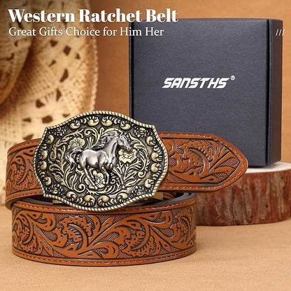 SANSTHS Western Cowboy Ratchet Belts for Men Women Leather Cowboy Belt with Automatic Western Buckle for Jeans Gifts