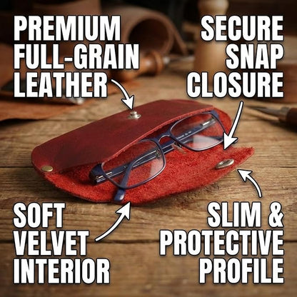Toprank Leather Eyeglass Case - Handmade Slim Sunglasses Holder, Genuine and Universal Fit for Men and Women
