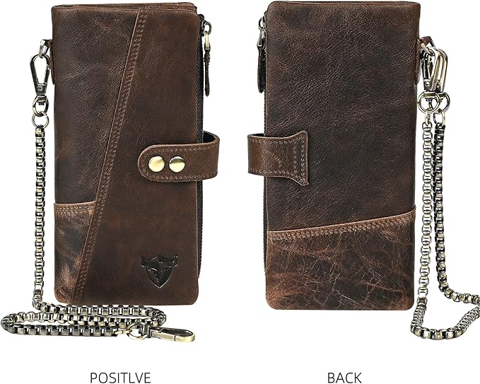 Genuine Crazy Horse Leather Travel Gift Coin Pocket Card Case Long Organizer Chain Rfid Wallet Purse With Snap For Men Male 1803 1815 (1803 Coffee)