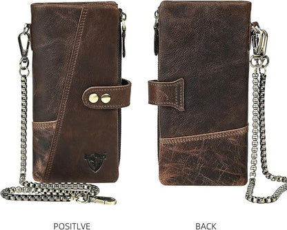 Genuine Crazy Horse Leather Travel Gift Coin Pocket Card Case Long Organizer Chain Rfid Wallet Purse With Snap For Men Male 1803 1815 (1803 Green)