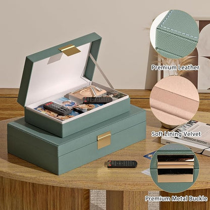Decorative Storage Boxes Set of 2 - Multi-Purpose Beautiful PU Leather Organizer Bins for Your Home Decor - Decorative Containers with Lids Store Photos, Documents, Memory Box Keepsakes (Green)