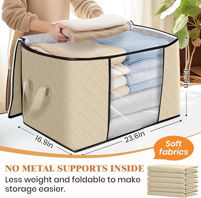 Fab totes 24 Gallons Clothes Storage, Foldable Thick Fabric Blanket Storage Bags, Containers for Organizing Bedroom, Closet, Clothing, Comforter, Organization with Handle (4 Pack,Beige)