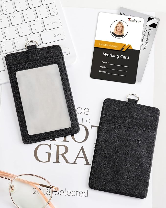 Teskyer Badge Holder with Lanyard, Leather ID Name Badge Card Holder with Lanyard for ID Badges, Vertical, Starry Black