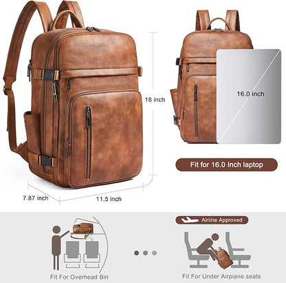 Travel Backpack for Women and Men, Fits 17.0" Laptop, Stylish Lay-Flat Carry-on Vegan Leather Backpack with Luggage Strap for Travel and Daily Use