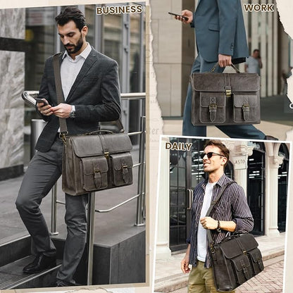 RAINSMORE Mens Messenger Bag 15.6 Inch Leather Vintage Laptop Briefcase Waterproof Computer Laptop Bag Leather Satchel Bag Large Shoulder Bag for Office Work Travel College, Grey