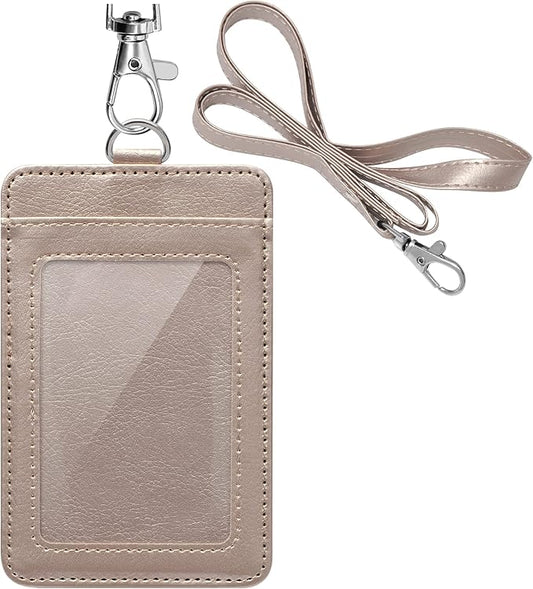 PU Leather ID Badge Holder, Life-Mate ID Badge Holder with 1 Clear ID Window 1 Credit Card Slot and PU Leather Lanyard for Badge Credit Cards College ID Cards in Blonde