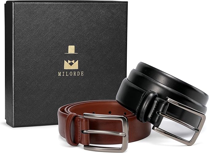 MILORDE Men's Leather Dress Belt 2Pack, Handmade, Genuine Leather, Fashion & Classic Designs for Work Business and Casual