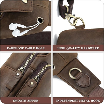 Mens Sling Bag Genuine Leather Crossbody Bags for Men Small Sling Chest Backpack Casual Man Bag Hiking Outdoor, Coffee