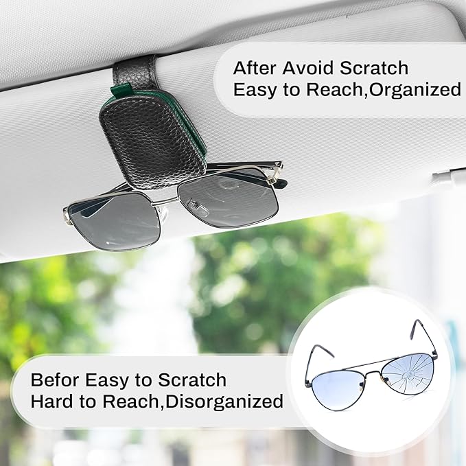 SINGARO Sunglasses Holder for Car, Leather Magnetic Buckle Sun Visor Sunglass Clip, Ticket Card Storage Glasses Clip, Car Interior Accessories for Men and Women（2PCS Black-Green）