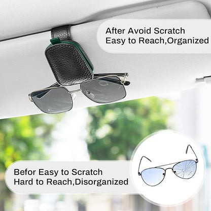 SINGARO Sunglasses Holder for Car, Leather Magnetic Buckle Sun Visor Sunglass Clip, Ticket Card Storage Glasses Clip, Car Interior Accessories for Men and Women（2PCS Black-Green）
