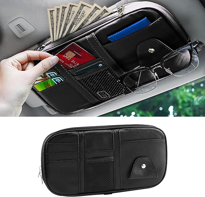 Car Sun Visor Organizer, Sunglass Holder and Storage Pocket, Card Cash Pouch with Multi-Pocket Net Zipper, Case Bag for License Pen Key, Auto Accessories for Truck, SUV, Van (Black)