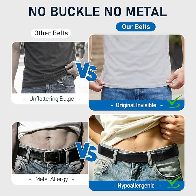 SANSTHS Mechanic Buckless Belts for Men, No Scratch Leather Work Belt Hook & Loop Tsa Belt for Technician Travel Gifts