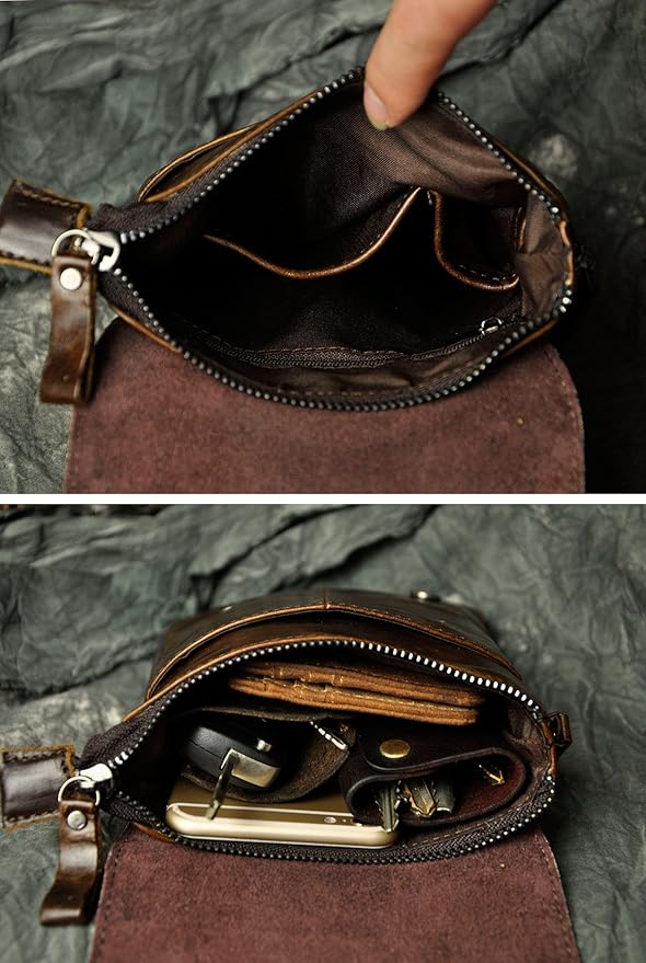 Le'aokuu Mens Genuine Leather Small Messenger Shoulder Satchel Phone Pouch Belt Waist Bag Pack